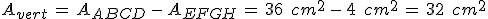 A_{vert}\,=\,A_{ABCD}\,-\,A_{EFGH}\,=\,36\,\%2C\,cm^2\,-\,4\,\%2C\,cm^2\,=\,32\,\%2C\,cm^2