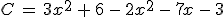 C\,=\,3x^2\,%2B\,6\,-\,2x^2\,-\,7x\,-\,3