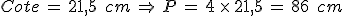 Cote\,=\,21%2C5\,\%2C\,cm\,\Rightarrow\,P\,=\,4\,\times  \,21%2C5\,=\,86\,\%2C\,cm