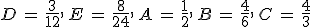 D\,=\,\frac{3}{12}%2C\,E\,=\,\frac{8}{24}%2C\,A\,=\,\frac{1}{2}%2C\,B\,=\,\frac{4}{6}%2C\,C\,=\,\frac{4}{3}