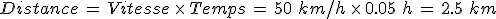 Distance\,=\,Vitesse\,\times  \,Temps\,=\,50\,\,km%2Fh\,\times  \,0.05\,\,h\,=\,2.5\,\,km
