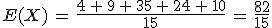 E(X)\,=\,\frac{4\,%2B\,9\,%2B\,35\,%2B\,24\,%2B\,10}{15}\,=\,\frac{82}{15}