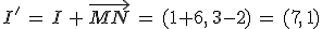I'\,=\,I\,%2B\,\vec{MN}\,=\,(1%2B6%2C\,3-2)\,=\,(7%2C\,1)