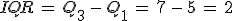 IQR\,=\,Q_3\,-\,Q_1\,=\,7\,-\,5\,=\,2