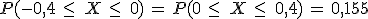 P(-0%2C4\,\leq\,\,X\,\leq\,\,0)\,=\,P(0\,\leq\,\,X\,\leq\,\,0%2C4)\,=\,0%2C155
