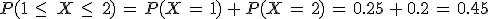 P(1\,\leq\,\,X\,\leq\,\,2)\,=\,P(X\,=\,1)\,%2B\,P(X\,=\,2)\,=\,0.25\,%2B\,0.2\,=\,0.45