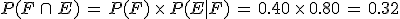 P(F\,\cap\,E)\,=\,P(F)\,\times  \,P(E%7CF)\,=\,0.40\,\times  \,0.80\,=\,0.32