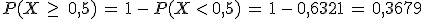 P(X\,\geq\,\,0%2C5)\,=\,1\,-\,P(X\,%3C\,0%2C5)\,=\,1\,-\,0%2C6321\,=\,0%2C3679