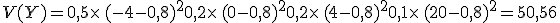 V(Y)=0,5\times  \,(-4-0,8)^2+0,2\times  \,(0-0,8)^2+0,2\times  \,(4-0,8)^2+0,1\times  \,(20-0,8)^2=50,56