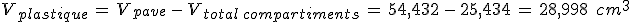 V_{plastique}\,=\,V_{pave}\,-\,V_{total\,compartiments}\,=\,54%2C432\,-\,25%2C434\,=\,28%2C998\,\%2C\,cm^3