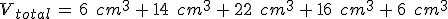 V_{total}\,=\,6\,\%2C\,cm^3\,%2B\,14\,\%2C\,cm^3\,%2B\,22\,\%2C\,cm^3\,%2B\,16\,\%2C\,cm^3\,%2B\,6\,\%2C\,cm^3
