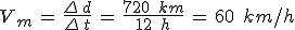 V_m\,=\,\frac{\Delta\,d}{\Delta\,t}\,=\,\frac{720\,\%2C\,km}{12\,\%2C\,h}\,=\,60\,\%2C\,km%2Fh