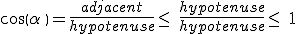 cos(\alpha )=\frac{adjacent}{hypotenuse}\leq\, \frac{hypotenuse}{hypotenuse}\leq\, 1