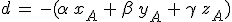 d\,=\,-(\alpha\,x_A\,%2B\,\beta\,y_A\,%2B\,\gamma\,z_A)