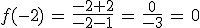 f(-2)\,=\,\frac{-2%2B2}{-2-1}\,=\,\frac{0}{-3}\,=\,0