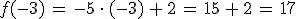 f(-3)\,=\,-5\,\cdot\,(-3)\,%2B\,2\,=\,15\,%2B\,2\,=\,17