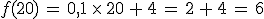 f(20)\,=\,0%2C1\,\times  \,20\,%2B\,4\,=\,2\,%2B\,4\,=\,6