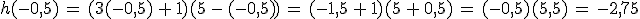 h(-0%2C5)\,=\,(3(-0%2C5)\,%2B\,1)(5\,-\,(-0%2C5))\,=\,(-1%2C5\,%2B\,1)(5\,%2B\,0%2C5)\,=\,(-0%2C5)(5%2C5)\,=\,-2%2C75