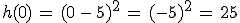 h(0)\,=\,(0\,-\,5)^2\,=\,(-5)^2\,=\,25