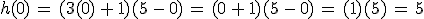 h(0)\,=\,(3(0)\,%2B\,1)(5\,-\,0)\,=\,(0\,%2B\,1)(5\,-\,0)\,=\,(1)(5)\,=\,5
