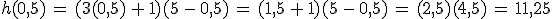 h(0%2C5)\,=\,(3(0%2C5)\,%2B\,1)(5\,-\,0%2C5)\,=\,(1%2C5\,%2B\,1)(5\,-\,0%2C5)\,=\,(2%2C5)(4%2C5)\,=\,11%2C25