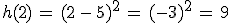 h(2)\,=\,(2\,-\,5)^2\,=\,(-3)^2\,=\,9