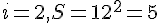 i = 2,S = 1 + 2^2 = 5 