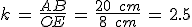 k\,=\,\frac{AB}{OE}\,=\,\frac{20\,\%2C\,cm}{8\,\%2C\,cm}\,=\,2.5