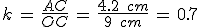 k\,=\,\frac{AC}{OC}\,=\,\frac{4.2\,\%2C\,cm}{9\,\%2C\,cm}\,=\,0.7