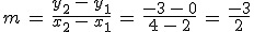 m\,=\,\frac{y_2\,-\,y_1}{x_2\,-\,x_1}\,=\,\frac{-3\,-\,0}{4\,-\,2}\,=\,\frac{-3}{2}