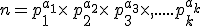 n=p_1^{a_1}\times  \,p_2^{a_2}\times  \,p_3^{a_3}\times  ,.....p_k^{a_k}