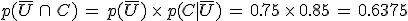 p(\overline{U}\,\cap\,C)\,=\,p(\overline{U})\,\times  \,p(C%7C\overline{U})\,=\,0.75\,\times  \,0.85\,=\,0.6375
