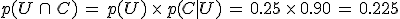 p(U\,\cap\,C)\,=\,p(U)\,\times  \,p(C%7CU)\,=\,0.25\,\times  \,0.90\,=\,0.225