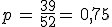 p\,=\,\frac{39}{52}=\,0,75