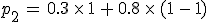 p_2\,=\,0.3\,\times  \,1\,%2B\,0.8\,\times  \,(1\,-\,1)