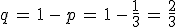q\,=\,1\,-\,p\,=\,1\,-\,\frac{1}{3}\,=\,\frac{2}{3}