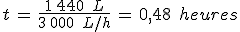 t\,=\,\frac{1\,440\,\%2C\,L}{3\,000\,\%2C\,L%2Fh}\,=\,0{%2C}48\,\%2C\,heures