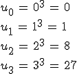 u_0\,=\,0^3\,=\,0\,\\%0D%0Au_1\,=\,1^3\,=\,1\,\\%0D%0Au_2\,=\,2^3\,=\,8\,\\%0D%0Au_3\,=\,3^3\,=\,27