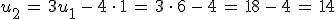 u_2\,=\,3u_1\,-\,4\,\cdot\,1\,=\,3\,\cdot\,6\,-\,4\,=\,18\,-\,4\,=\,14