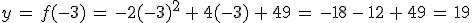y\,=\,f(-3)\,=\,-2(-3)^2\,%2B\,4(-3)\,%2B\,49\,=\,-18\,-\,12\,%2B\,49\,=\,19