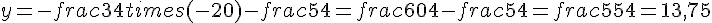 y=-frac{3}{4}times  (-20)-frac{5}{4}=frac{60}{4}-frac{5}{4}=frac{55}{4}=13{,}75