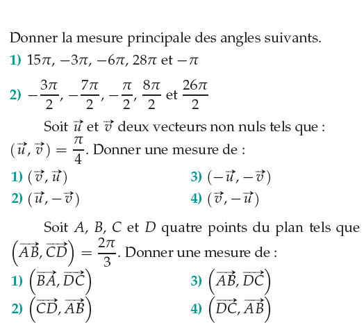Mesure principale d'un angle et vecteurs : exercices en 1ère.