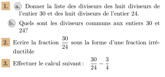 Donner la liste des diviseurs et fraction irréductible : exercices en 3ème.