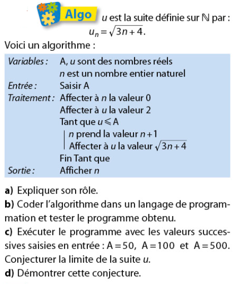 Algorithme et suites numériques : exercices en terminale S.