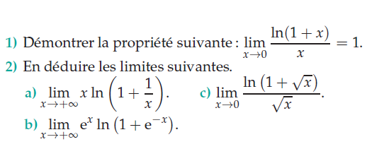 Démontrer des propriétés avec limites de logarithmes : exercices en terminale S.