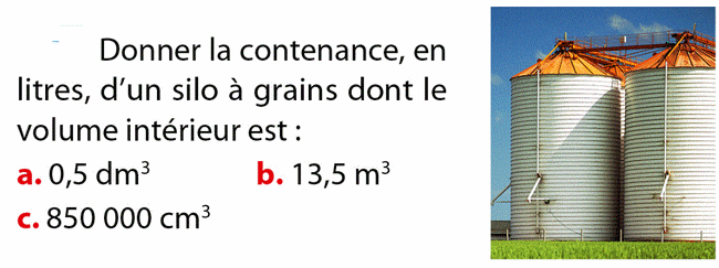 Contenance d'un silo à grains : exercices en 6ème.