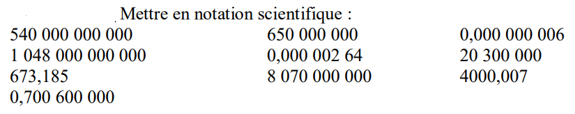 Notation scientifique d'un nombre décimal : exercices en 4ème.