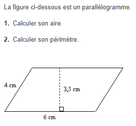 Calcul de l'aire d'un parallélogramme : exercices en 5ème.