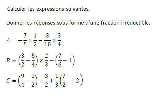 Résultat sous forme d'une fraction irréductible : exercices en 4ème.