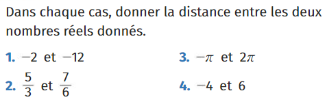 Donner la distance entre des nombres réels : exercices de maths en 2de.
